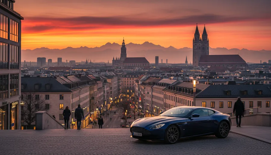 München bei Dämmerung mit Alpensilhouette und Luxusauto