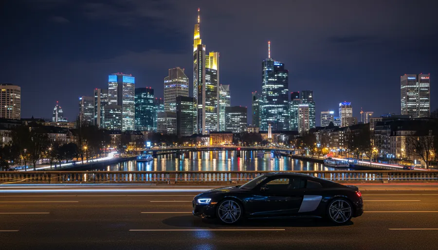 Frankfurter Skyline bei Nacht mit Luxusfahrzeug