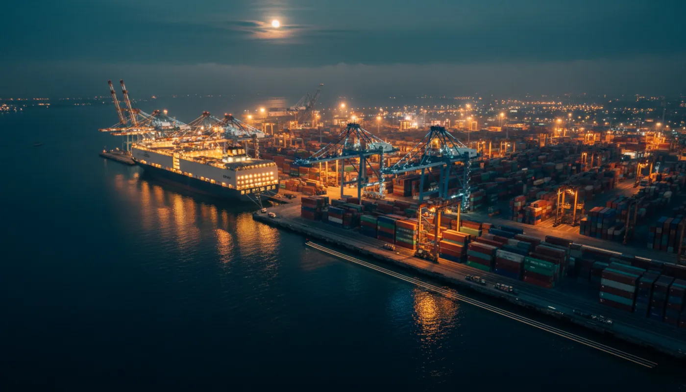 Großer Seehafen mit Autotransportschiff bei Nacht