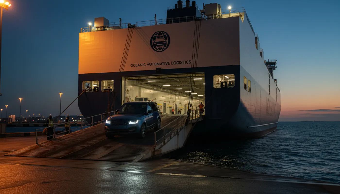 Luxus-SUV fährt bei Dämmerung auf ein RoRo-Autotransportschiff
