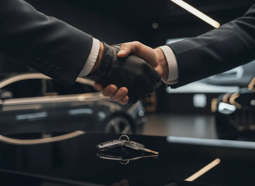 Handschlag über Autoschlüsseln in dunkler Premium-Umgebung