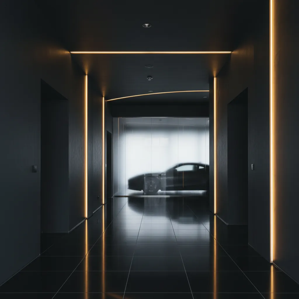 Dunkler Luxus-Showroom mit warmem Gold-Akzentlicht