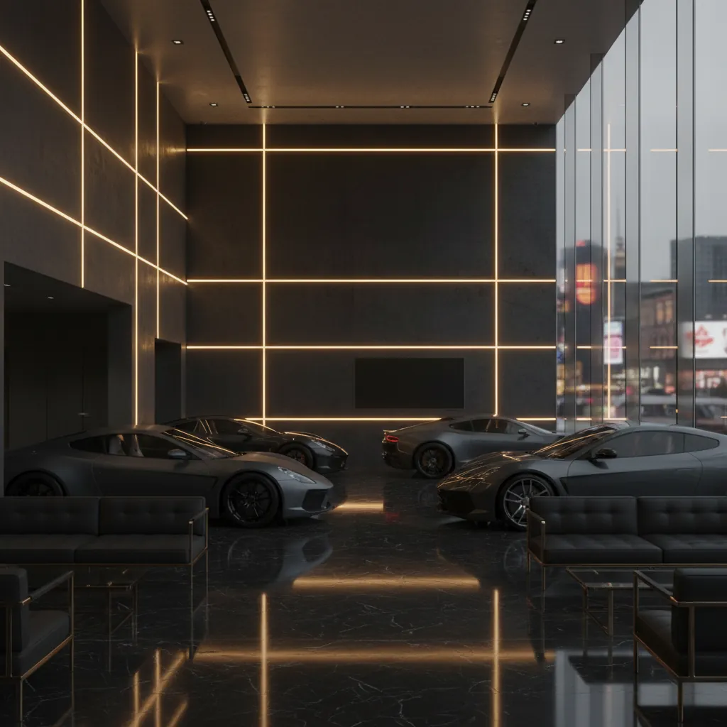 Showroom mit goldenen Lichtakzenten an dunklen Wänden